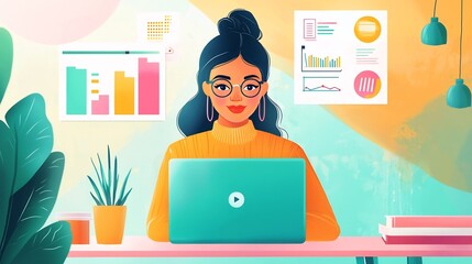 Female social media marketer examining analytics and marketing data on laptop surrounded by colorful charts and graphs in cozy home office workspace with plants and decor