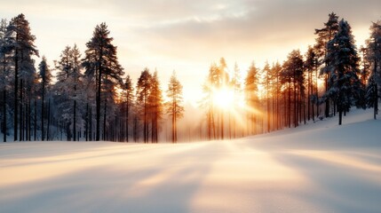 Frosty Morning in a Sunlit Pine Forest Embracing the Beauty of Winter's Calm Glow with Snow-Blanketed Pines and Soft Sunlight Peeking Through the Trees