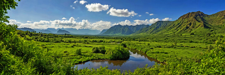 A lush green valley viewed through a natural foliage arch leading to distant mountains and rivers