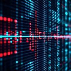 Abstract digital data stream with red and blue glowing lines and dots.