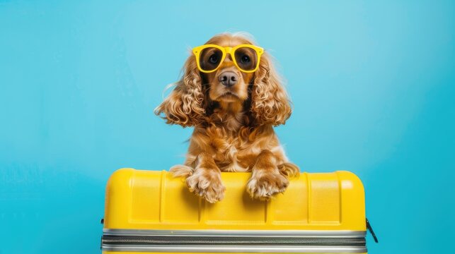Cool ginger dog in sunglasses sitting on the top of the bright yellow suitcase, blue background. Travel concept.