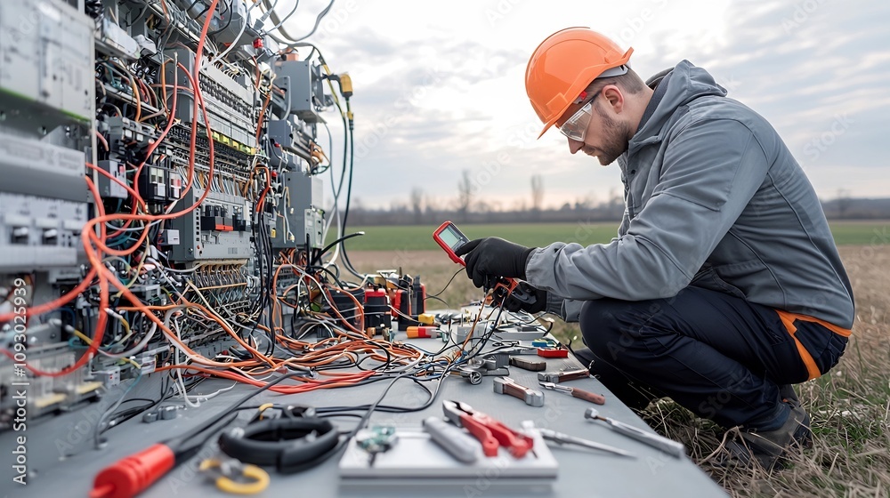 Aufkleber Focused Electrical Engineer Expertly Diagnosing and Troubleshooting Sophisticated Power System with Various Tools in Ambient Sunset Illumination