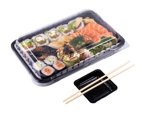 colorful oriental japanese sushi delivery tray with soy sauce and chopsticks
