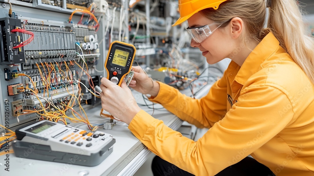 Poster Portrait of a confident and skilled female electrical engineer using a specialized multimeter and voltmeter to diagnose and inspect an electrical circuit in a warm natural sunlight setting