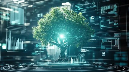 Digital Growth: A vibrant green tree with glowing leaves thrives on a futuristic platform, surrounded by data visualizations.