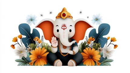 Fototapeta premium Flat design depicting the joyous of Lord Ganesha s festival with the elephant headed deity surrounded by vibrant devotees paying their respects in a visually striking and culturally significant scene