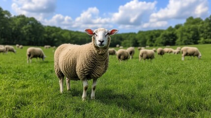 Fototapeta premium A sheep stands in a green field surrounded by other sheep under a bright blue sky with fluffy clouds.