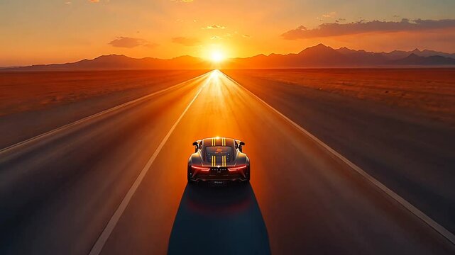A sports car drives down a long, straight road towards a fiery sunset.