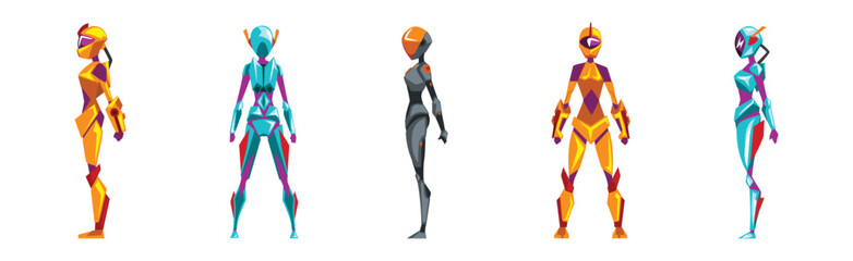 Robot Woman Stand in Costume with Slim Body Vector Set