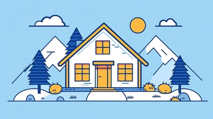 Flat design of a cozy mountain cabin nestled in the snowy Alps surrounded by tall pine trees and a bright blue sky with fluffy clouds creating a peaceful and serene winter landscape with a modern
