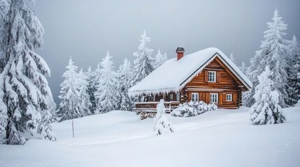 Snowy Cabin nestled amongst snow covered pine trees