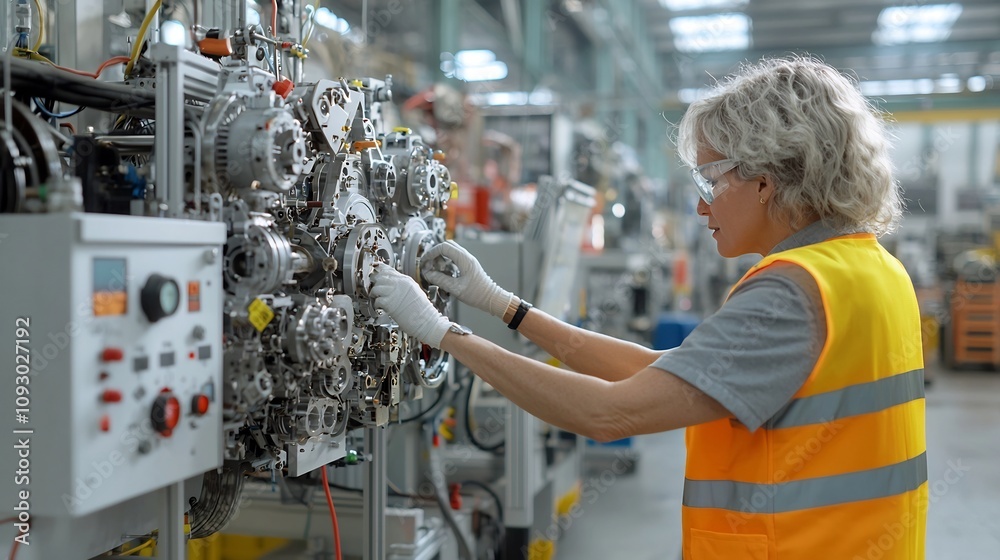 Leinwandbilder mechanical engineer in safety vest closely inspecting the inner workings of a complex industrial mac