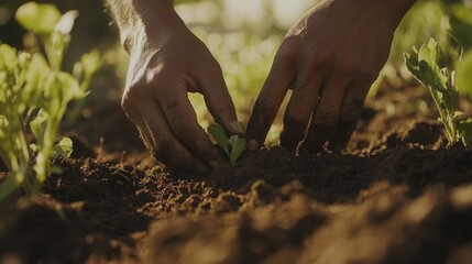 Fototapeta premium A close-up of hands planting seedlings in rich soil, capturing the essence of nurturing growth in a vibrant garden setting.