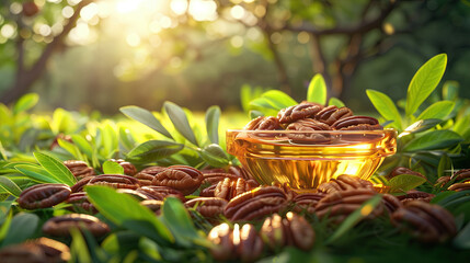 Pecan Extract, Surrounded by Pecans and Vibrant Greenery in the Field