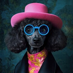 Trendy poodle in pink hat and circular glasses style