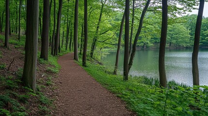 Obraz premium Forest Trail Winding Towards Serene Lakeside View