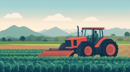 A vibrant illustration of a red tractor working in a lush green field against a backdrop of mountains and clear skies.