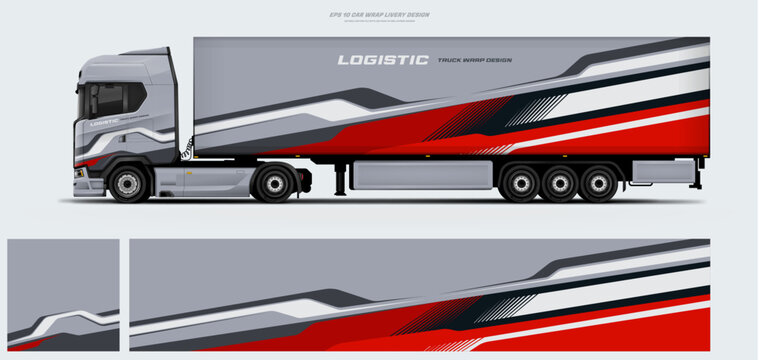 Vector truck trailer livery design template. Truck Cargo delivering vehicle paintjob. Mock up and design on separate layers vector files.