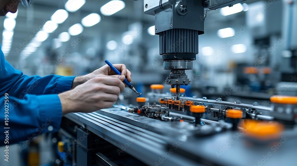 Poster Close up view showcasing the skilled dexterity and precision of a mechanical engineer s hands as they troubleshoot and repair a malfunctioning machine on a bustling production line