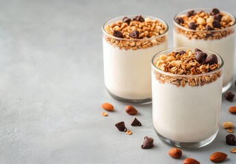 Delicious yogurt parfaits topped with granola and chocolate chips in clear glasses
