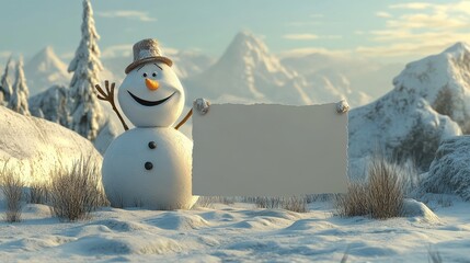 3D-rendered smiling snowman in a winter wonderland, proudly holding a blank banner. This charming scene provides ample space for text, making it perfect for holiday cards and New Year wishes.