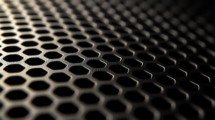 A close-up view of a metallic surface featuring a honeycomb pattern, emphasizing texture and geometric design in a sleek, modern style.