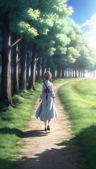 Fototapeta premium Anime forest path sunlight gentle breeze calming atmosphere