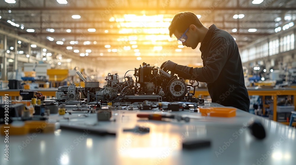 Aufkleber silhouette of a mechanical engineer deeply focused on repairing a complex engine