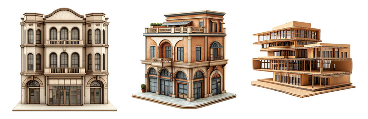 Fototapeta premium Architectural Styles of Unique Buildings and Structures Isolated on transparent background