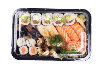 colorful oriental japanese sushi tray delivery raw fish salmon and top view