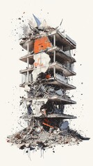 Obraz premium Apartment or office building destroyed and being demolished isolated on white background