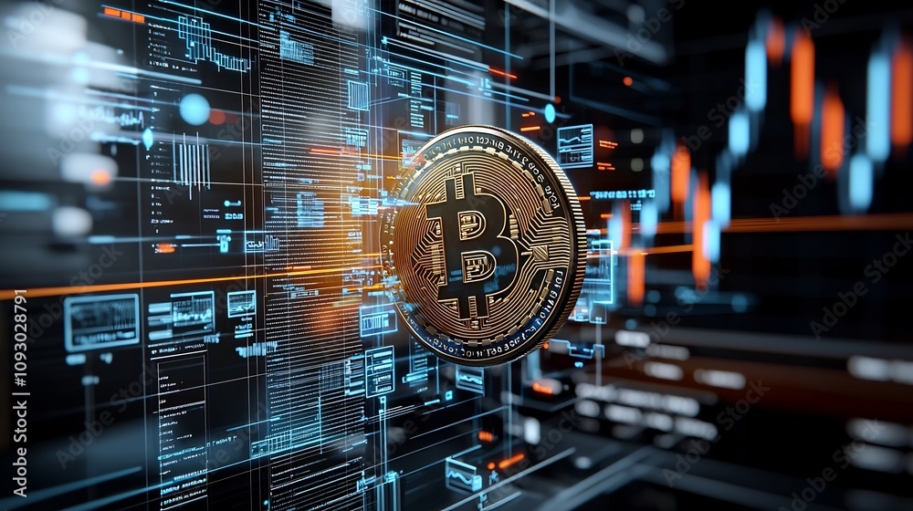 Leinwandbilder Vibrant Bitcoin Graph Visualization with Glowing Cryptocurrency Data Lines and Dynamic 3D Charts Showcasing the Digital Transformation of Finance and the Blockchain Revolution