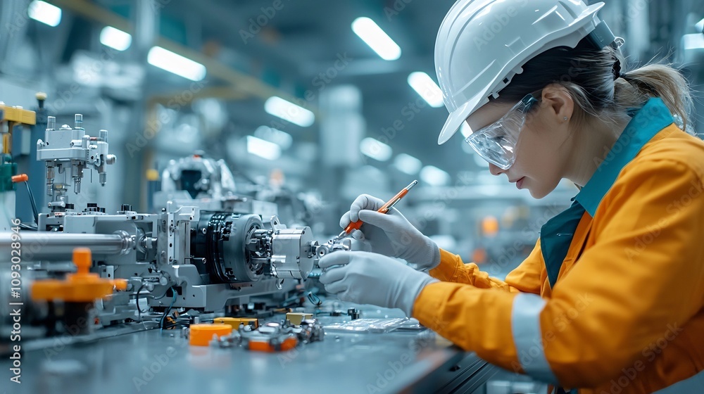 Poster Intense close up showcasing the skilled dexterity of a mechanical engineer s hands as they troubleshoot and repair a malfunctioning machine on a bustling production line