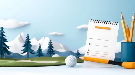 Flat design of a simple golf scorecard and pencil with minimalist icons representing a golf course holes and other golfing elements  Ideal for use in instructional guides educational materials