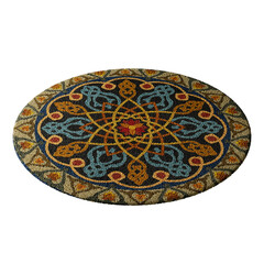 A round rug with a blue and brown design