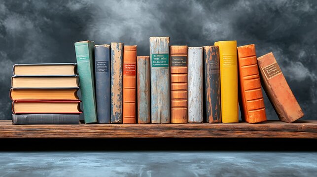 A vintage bookshelf pattern filled with weathered books aligned neatly, creating a cozy background banner perfect for a library or bookshop setting.