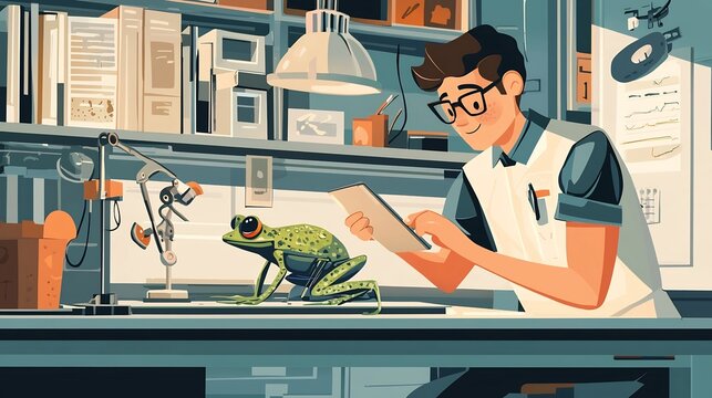 Flat design of a student exploring a digital biology dissection on a tablet device combining traditional educational activities with modern technology in a contemporary workspace setting