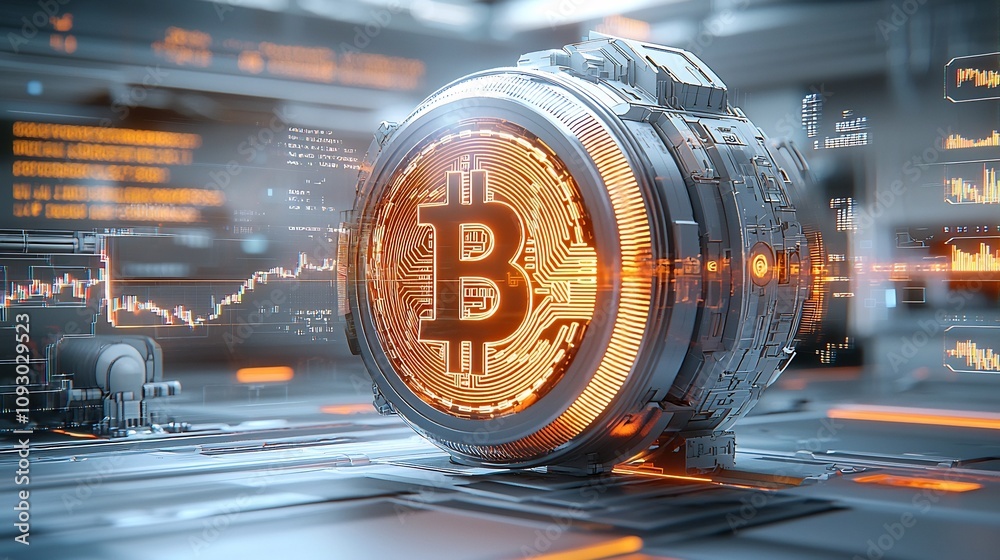 Aufkleber Glowing Bitcoin Price Prediction Model with Holographic Financial Data Visualization and Abstract Geometric Data Art  Influenced by Retrofuturistic Industrial Design