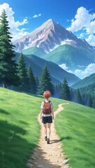 Fototapeta premium Anime mountain trail fresh air clear skies serene view