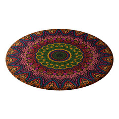 A colorful rug with a pattern of flowers and leaves