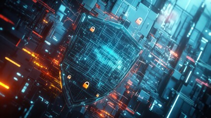 Fototapeta premium A bold 3D illustration of a shield integrated into a digital interface. The shield displays a holographic grid pattern, surrounded by floating padlocks and data packets.