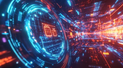 Obraz premium A bold 3D illustration of a shield integrated into a digital interface. The shield displays a holographic grid pattern, surrounded by floating padlocks and data packets.