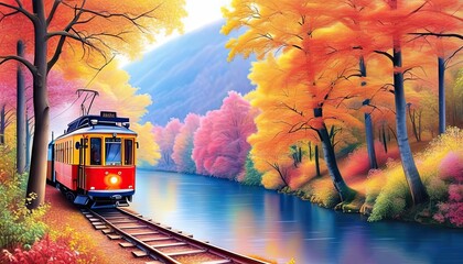 Obraz premium Autumn Landscape with Vintage Tram and Lake, Colorful, Scenic, Digital Art, Illustration