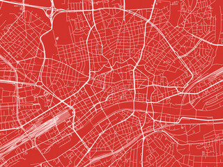 Christmas Map of Frankfurt am Main, Germany in Snowy White on Festive Red Background.