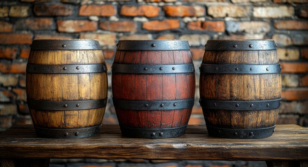 Fototapeta premium Three wooden barrels are lined up on a wooden table. The barrels are of different colors, with one being brown, one being red, and one being black. Concept of rustic charm and warmth