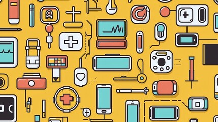 Flat design showcasing an interconnected healthcare technology ecosystem featuring a variety of medical devices and gadgets including tablets  wearables  and smartphones