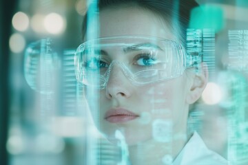 Female scientist with protective goggles analyzing futuristic data in a high-tech laboratory