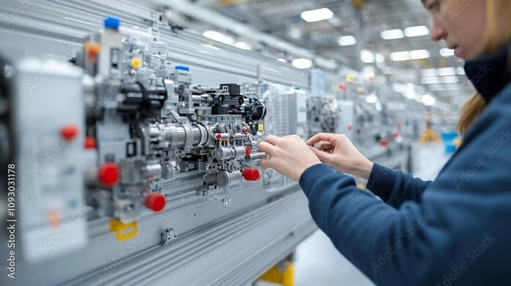 Poster detailed close up shot of an experienced factory worker intently inspecting the inner workings of a 