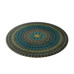 A colorful rug with a blue center and green and brown edges