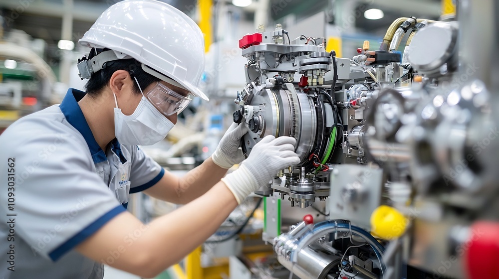 Aufkleber intimate close up of a factory engineer meticulously adjusting the various components of a sophistic